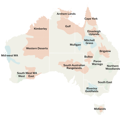 Map of Australia with shaded areas showing our priority landscapes.